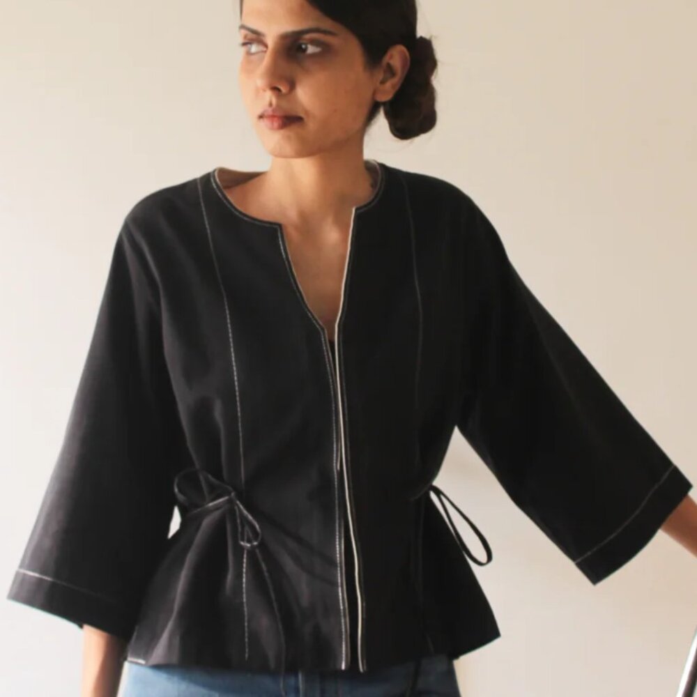 Black cotton cinch-waist blouse